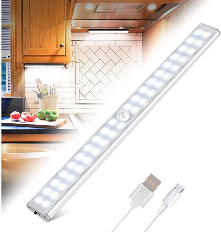 Thumbnail - Schranklampe mit 40 LEDs, Lampe mit Bewegungsmelder für den Innenbereich, wiederaufladbarer USB-LED-Streifen, 4 Beleucht...