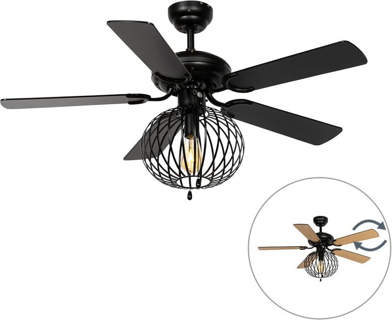 Deckenventilator schwarz mit Holzaufdruck 107,5 cm mit Zugschalter - Mistral Johanna