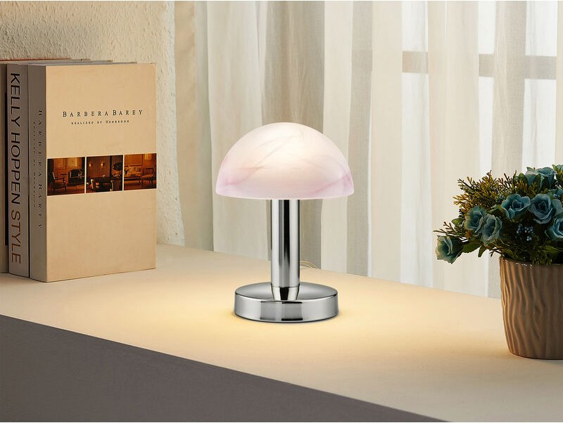 Meinewunschleuchte - led Tischleuchte Chrom Glasschirm Lila-Weiß, Touch dimmbar, Höhe 21cm