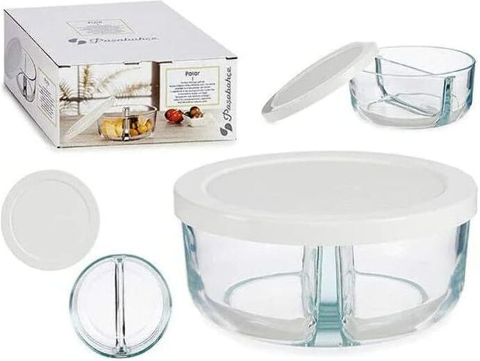 Pasabahce - 2 Fächer Lebensmittelbehälter 16x7,6x16cm Glasbehälter mit Deckel