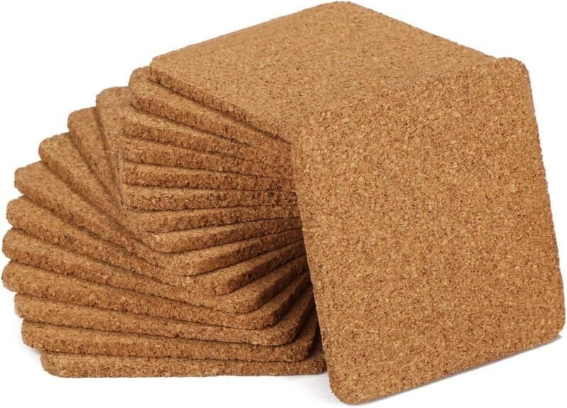 CSPARCV 16x Kork-Getränkeuntersetzer - Quadratische Untersetzer - Korkuntersetzer (16 Stück/Quadrat)