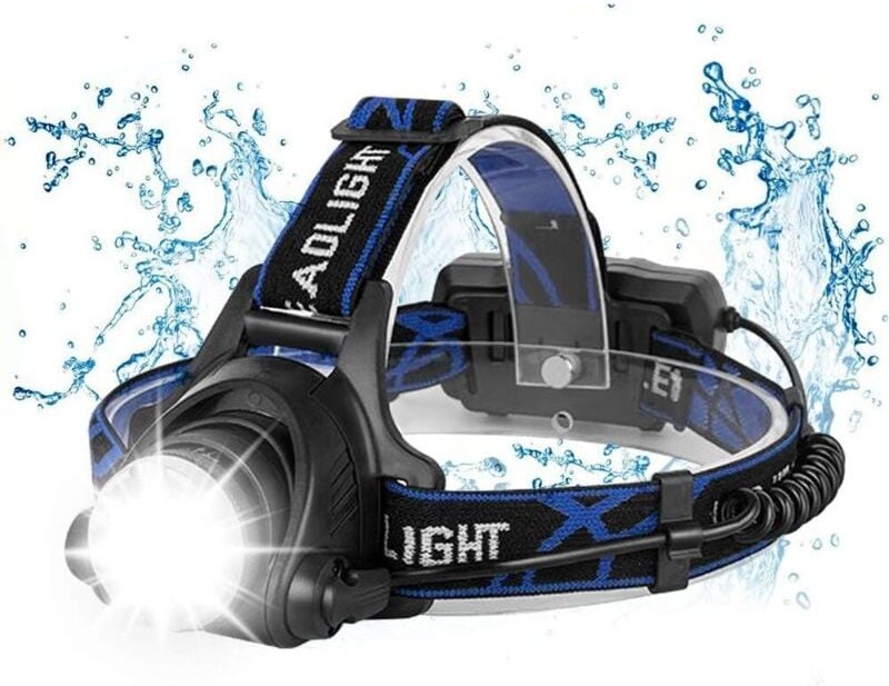 Stirnlampe, wiederaufladbare LED-Taschenlampe, 10000 lm, Stirnlampe mit 3 Beleuchtungsmodi, mit USB-Kabel, 2 18650-Batte...