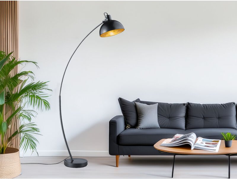 Reality Leuchten - Moderne Bogenleuchte recife 155cm in Schwarz Schirm innen Gold, mit Fußschalter