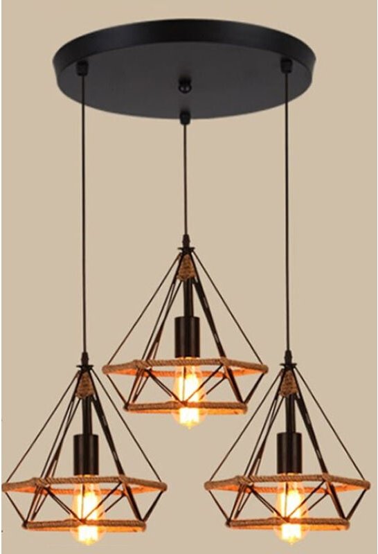 Pendelleuchte Vintage, 3 Flammig Ø25cm Diamant-form Kronleuchter, Retro Industrielle Hanf Seil Hängelampe mit Käfig 27 F...