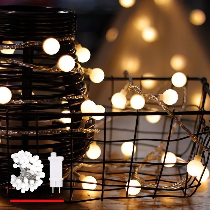 Lichterkette, Kugelform, warmweiß, 100 LEDs (10 m), 5 m Netzkabel, Dekoration, 31-V-Niederspannungstransformator