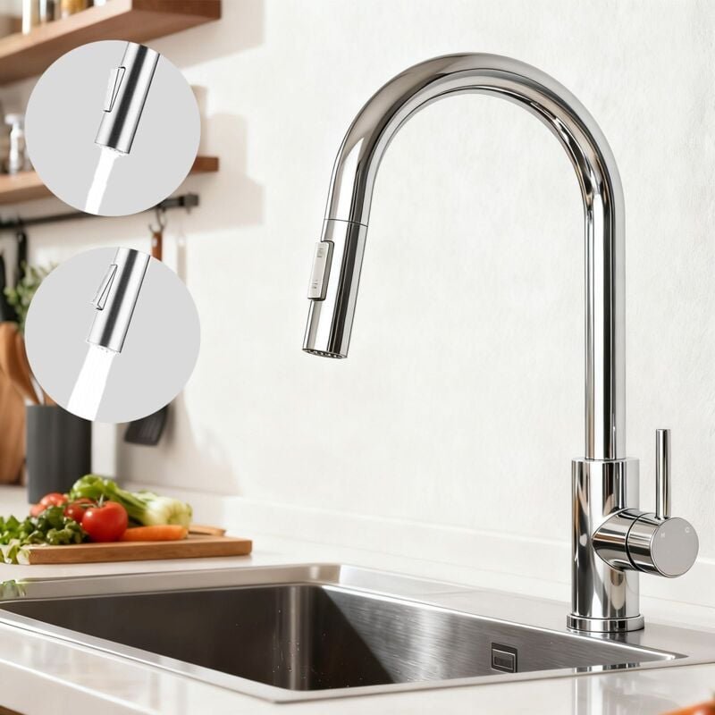AICA Säulenbrause-Wasserhahn Chrom Zwei Wasserauslassmodi Küche Mischbatterie Ausziehbar 360° Drehbar Einhand-Spültischa...