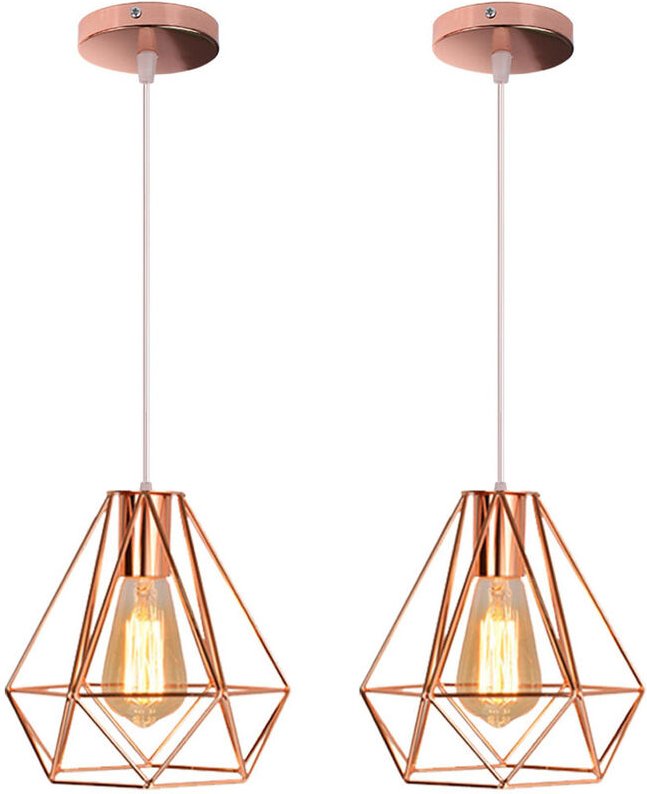 Pendelleuchte Vintage, Metall Kronleuchter im Retro Look, Diamant Hängelampe mit Ø20cm Käfig E27 Fassung Rosegold 2PCS