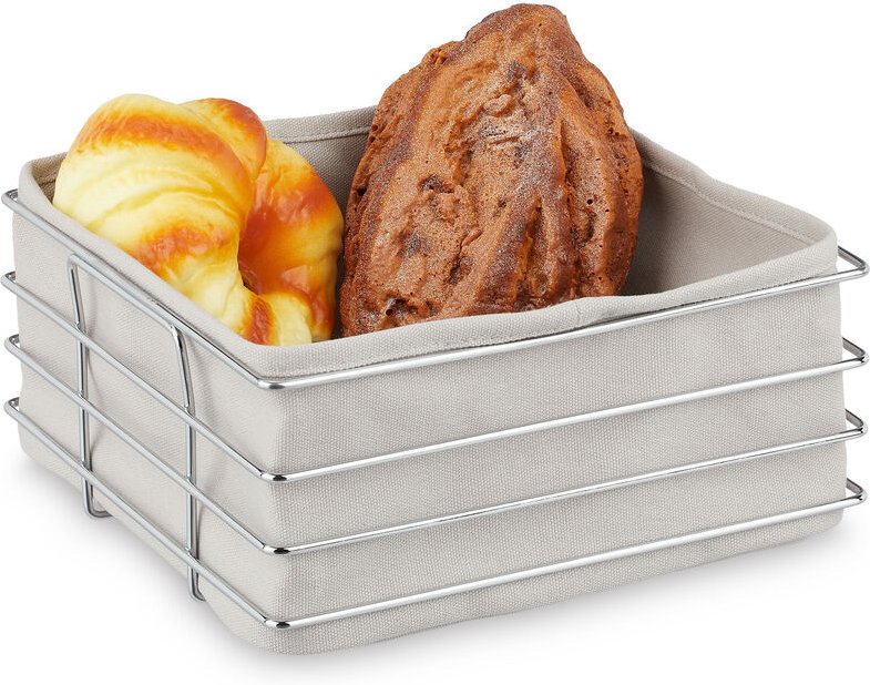 Relaxdays - Brotkorb Metall, mit Stoffeinsatz, moderner Brötchenkorb, Frühstückskorb Edelstahl, hbt: 10,5x23x23 cm, grau