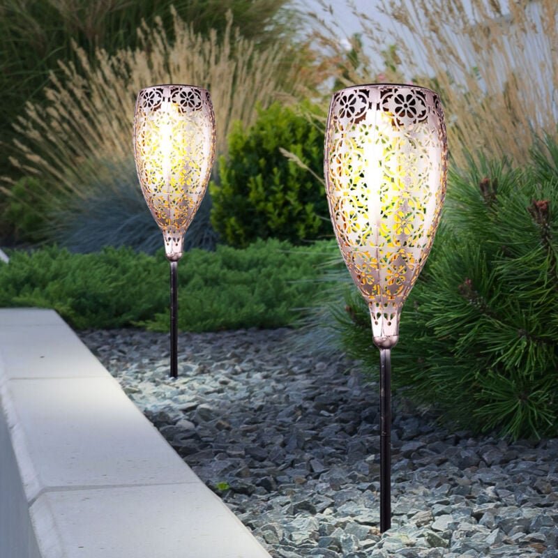 Etc-shop - 2er Set led Solar Außen Steck Leuchten Hof Erdspieß Deko Terrassen Lampen gold