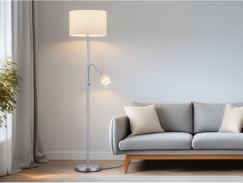 Defibrico - Stehleuchte hotel Silber matt mit Leselampe, Stoffschirm Weiß, Höhe 170cm