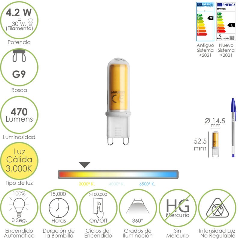 Maurer - Bombilla Led Rosca G9. 4.2 Watt. Equivale a 15 Watt. 470 Lumenes. Luz Calida (3000º k.)