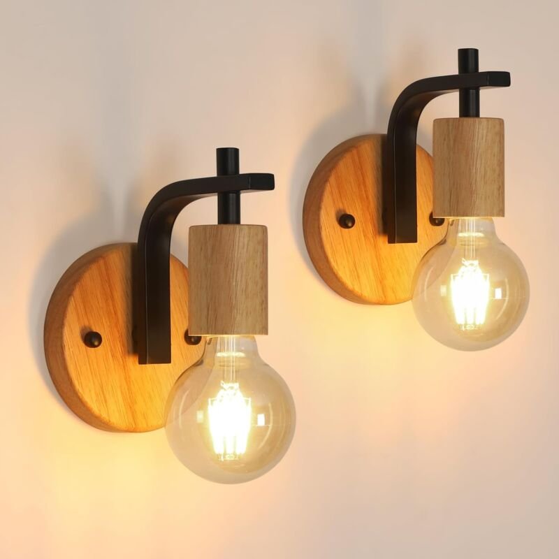 Thumbnail - COMELY 2 Stück Vintage Wandleuchte für den Innenbereich, E27 Wandlampe aus Holz und Metall, Retro Wandleuchten für den I...