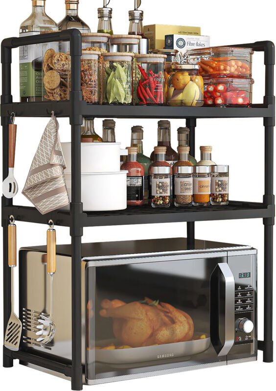 Küchenregal für Mikrowelle Schwarzer Lagerschrank 3 Ebenen 48 cm Regal