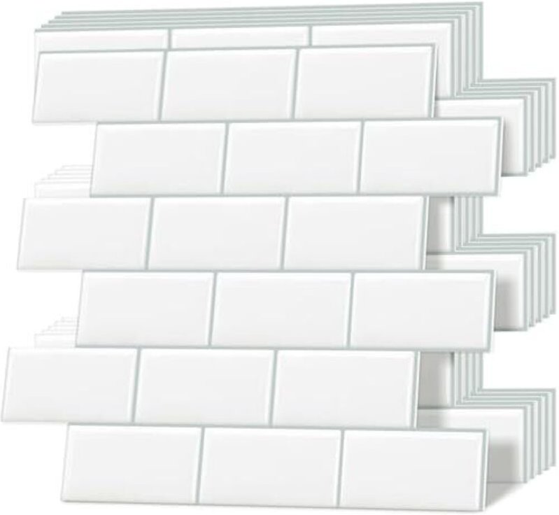 Dickere weiße Fliesen zum Abziehen und Aufkleben, 3D Wandfliesen, selbstklebend, Metro u Bahn Spritzschutz für Küche und...