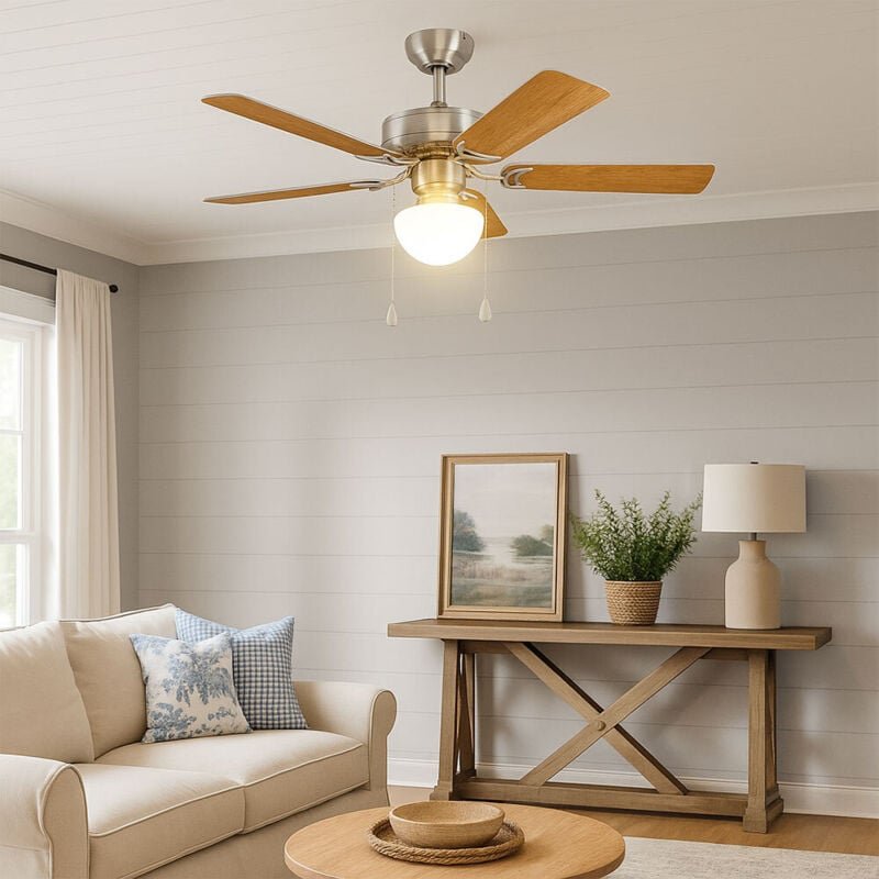 Deckenventilator cadiz, 5 Flügel Ventilator mit Licht, Zugkette, Wendeflügel aus mdf in Silber oder Eiche, Gehäuse aus S...