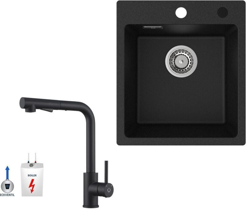 40×45cm Aufsatzwaschbecken Anthrazitschwarz Granitspüle mit Schwarz Ausziehbarer Küchenarmatur Niederdruck-Küchenarmatur...