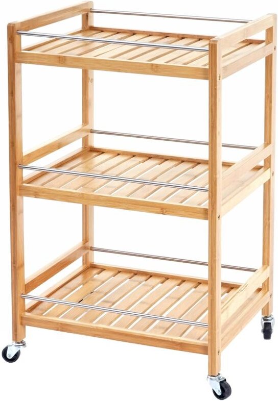 HHG - Rollwagen 610, Rollregal Allzweckwagen Bücherregal, 3 Ebenen Bambus 76x46x38cm