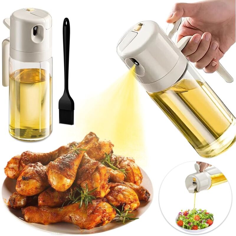 Dolaso - Luftfritteusen-Küchenölspray 550 ml, 2-in-1-Glas-Küchenölspray, Speiseölspray mit Küchenbürste, Olivenölspray z...