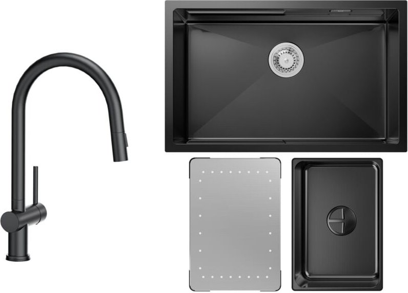 Küchenspüle 1.5 Becken 70x44cm EdelstahlSpüle Anthrazitschwarz Unterbauspüle + Ausziehbarer Küchenarmatur Schwarz Mit 2 ...