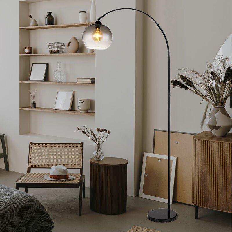Bogenleuchte höhenverstellbar Stehlampe scharz Glas Marmor Wohnzimmerlampe Beistellleuchte, mit schwenkbarem Schirm, 1x ...