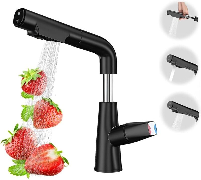 Schwarzer Küchenhahn, 70 cm Ausziehbarer Brausehahn, Küchenmischbatterie, Edelstahl Badarmatur, Zwei Strahlarten, 360° S...