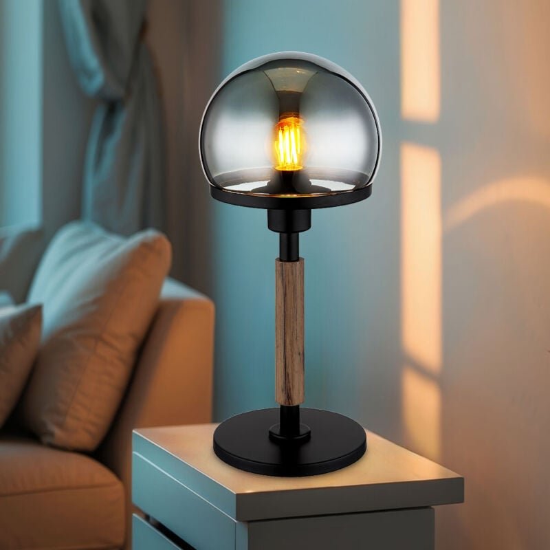 Tischlampe Pilz Design Nachttischlampe Retro Tischleuchte Rauchglas Holzoptik Wohnzimmerlampe, Metall schwarz, 1x E27, D...