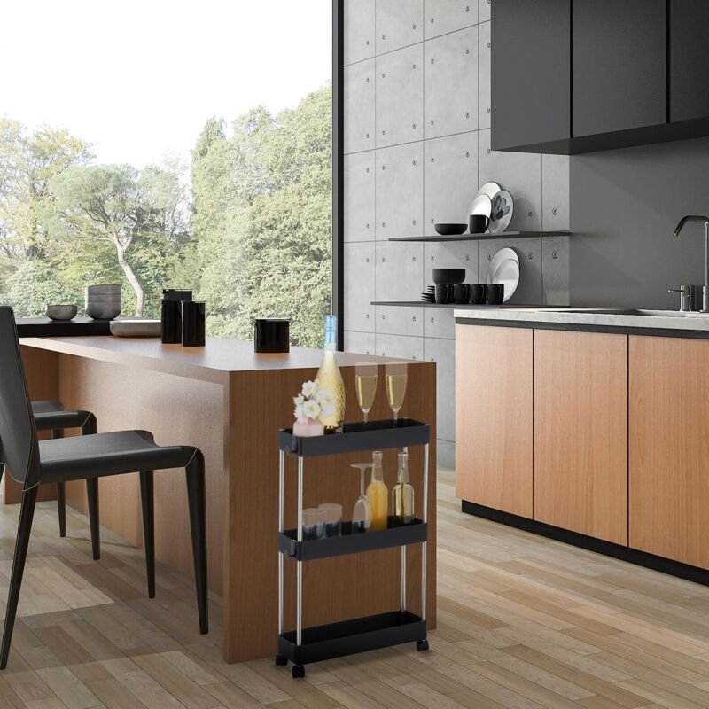 3 stockiger schwarzer rollwagen mit radern fur kuchebadezimmer