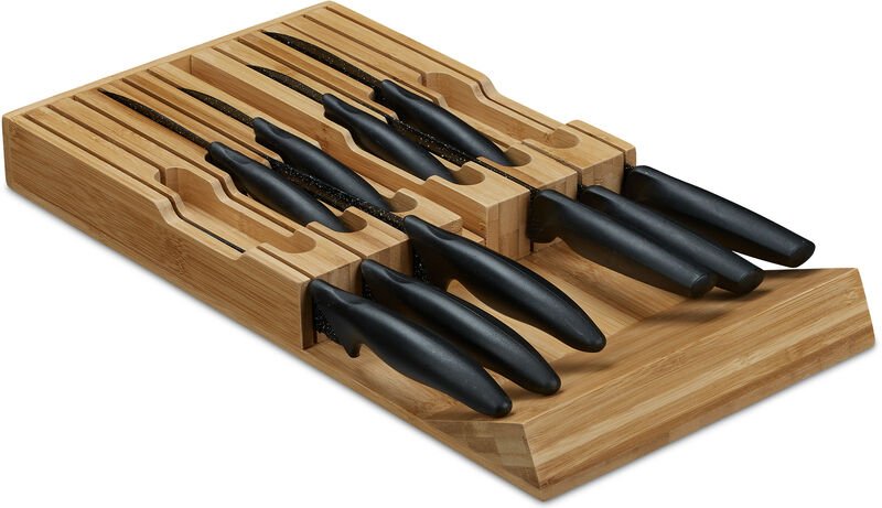 Relaxdays Messerhalter Schublade, für 12 Messer & Wetzstahl, Bambus Messerblock liegend, HBT: 4,5 x 43,5 x 23 cm, natur