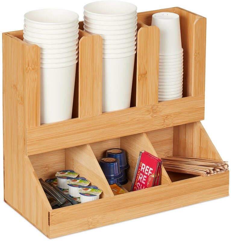 Relaxdays Kaffee Organizer, 6 Fächer, Bambus, HBT: 29,5 x 34,5 x 17 cm, Kaffeestation Milch, Zucker, Kaffeebecher, natur