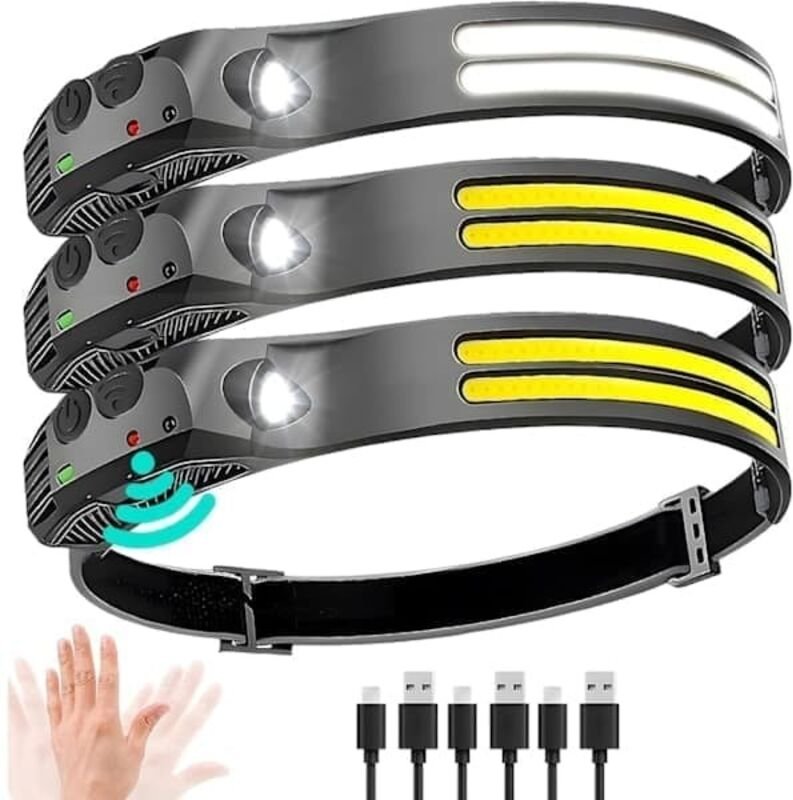 3er Pack wiederaufladbare LED-Stirnlampen – 1000 Lumen, 230° Abstrahlwinkel, superhelle Stirnlampe für Camping und Outdo...