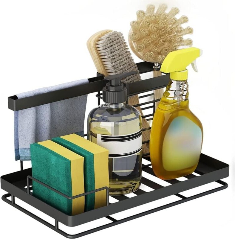 Kitchen Sink Sponge Holder, Kitchen Sink Storage Sponge Brush Holder Organizer with Drainage Tray, for Storage Dishwashi...