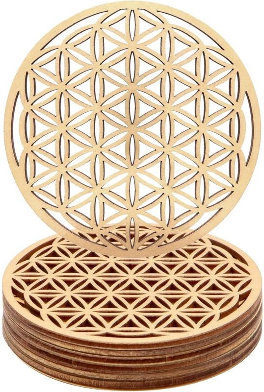 Satz mit 10 Holz-Untersetzer, Blumen des Lebens-Motiv, für Meditation, Innendekoration und Gastronomie (10 x 10 cm)