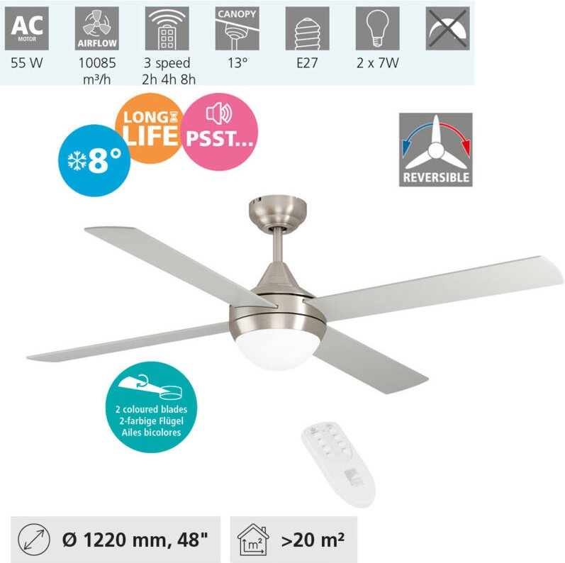 Deckenventilator varadero, 4 Flügel Ventilator mit Licht, Wendeflügel aus mdf in Silber oder Eiche, Gehäuse aus Stahl in...