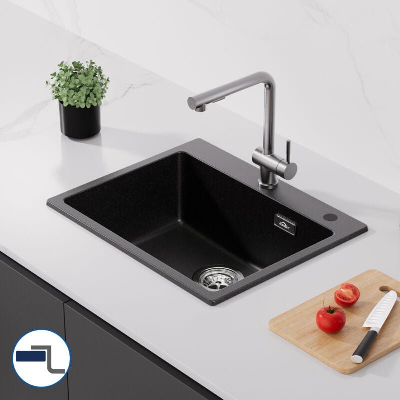 Auralum Granitspüle 55 cm x 45 cm Spülbecken + Ausziehbare Küchenarmatur, Küchenspüle mit 1 Becken, Hochdruck Wasserhahn