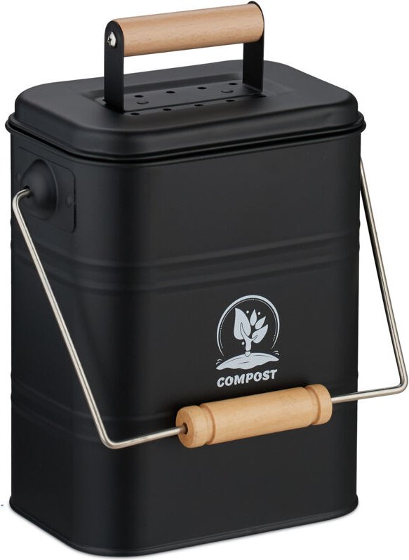 Relaxdays - Komposteimer Küche, 3,5 Liter, 2 Aktivkohlefilter, Deckel, Henkel, Eisen & Holz, Biomüllbehälter, schwarz