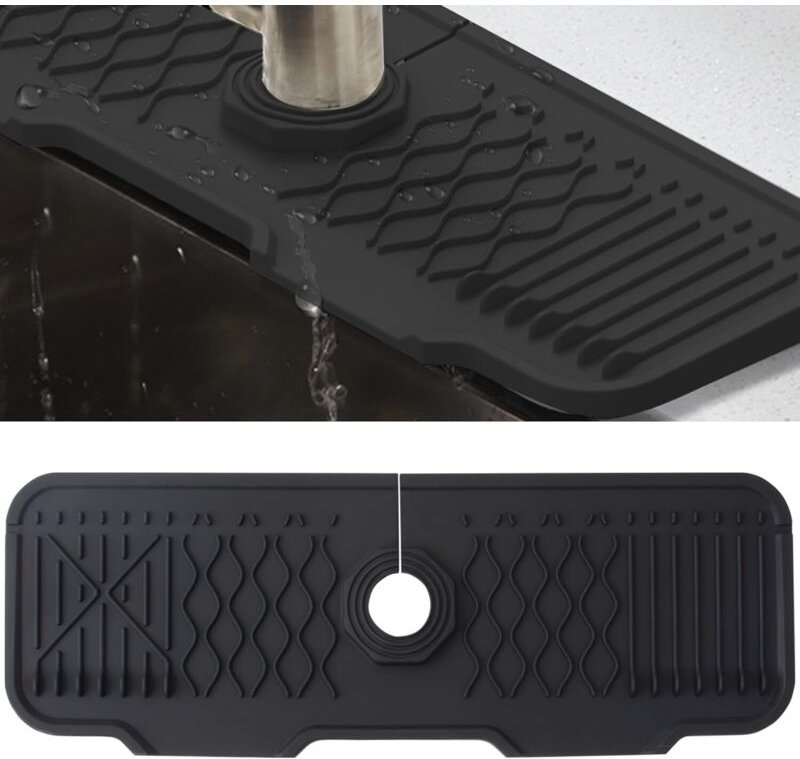 Silikon-Armaturenmatte, Spritzschutz für Spültischarmaturen, tropffreie Ablage für Armaturengriffe (Schwarz, 43 cm)