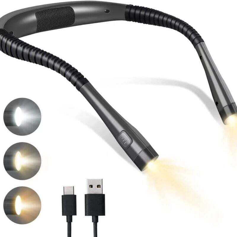 Wiederaufladbares Leselicht für den Hals, Leselampe fürs Bett, 3 Farben, 6 Helligkeitsstufen, biegbare Arme, lange Leben...