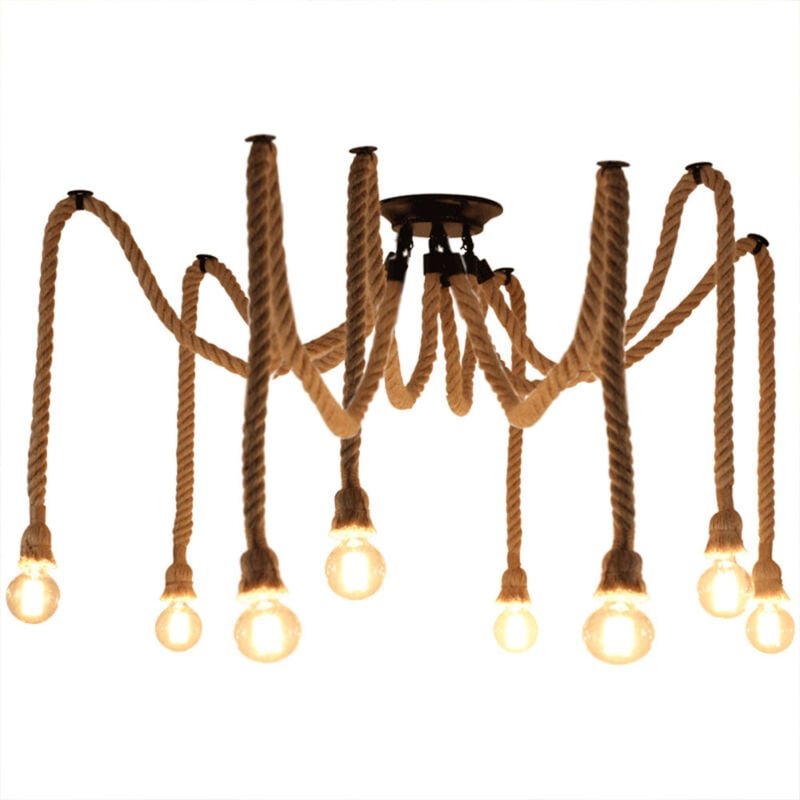 Industrie Vintage Kronleuchter Hanfseil DIY Pendelleuchte Höhenverstellbar Hängeleuchte 8 Flamme Deckenlampe