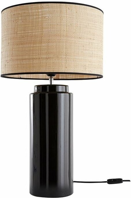 Tischleuchte aus emaillierter Keramik in Schwarz mit Lampenschirm aus Bast majes