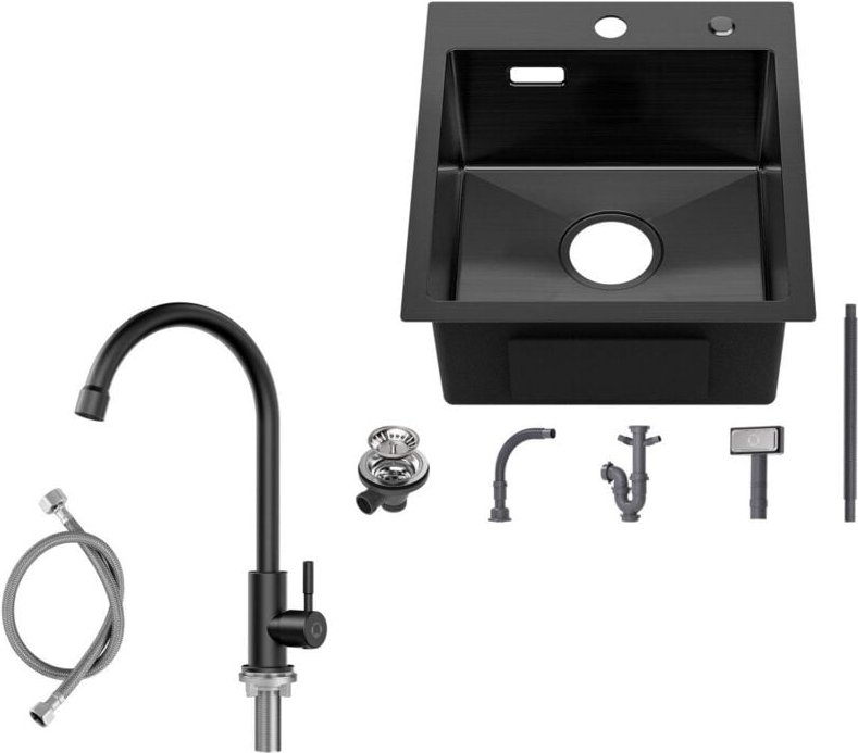 40×45CM Aufsatzspüle für die Küche Anthrazitschwarz Edelstahlspüle mit Kaltwasser-Küchenarmatur Schwarz Hochdruck-Küchen...
