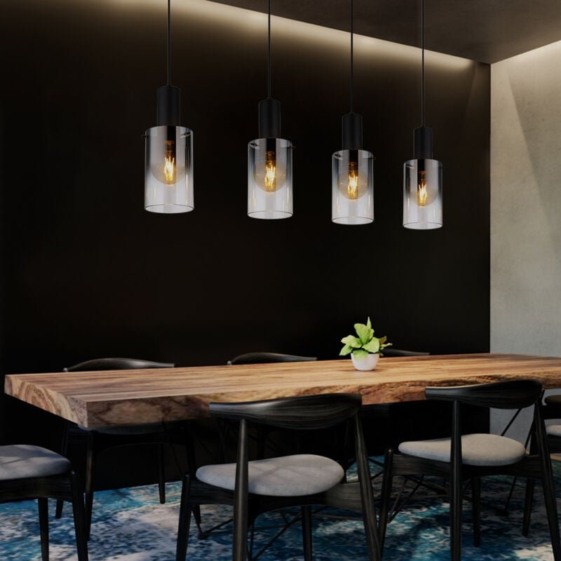 Pendellampe Pendelleuchte Esstischleuchte Wohnzimmerlampe Hängeleuchte Lampe, 4 Flammig Rauchglas Metall schwarz, E27 Fa...