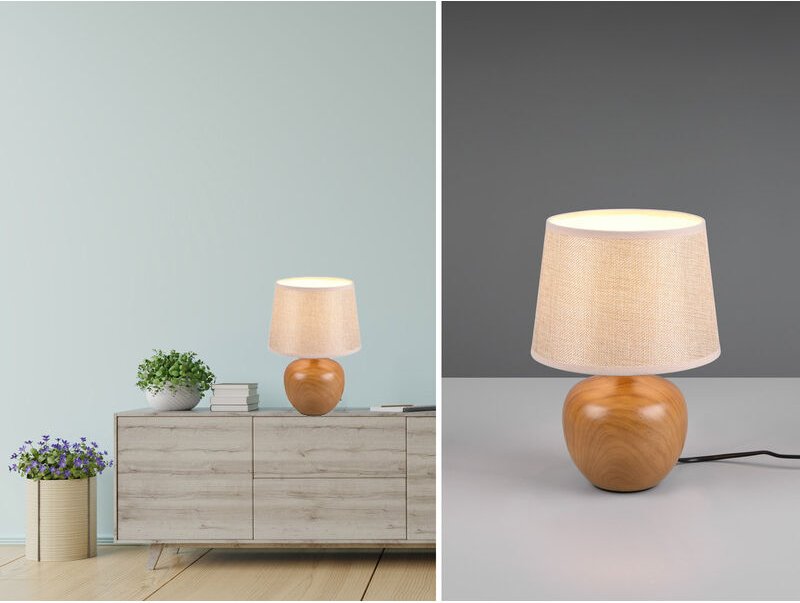 Meinewunschleuchte - led Tischleuchte Keramik in Holzoptik mit Stoffschirm Beige, Höhe 26cm