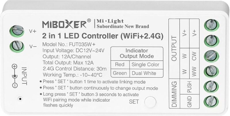 Controller Dimmer Wifi LED Einfarbig/CCT 12/24V DC MiBoxer FUT035W+ Kompatibel mit Druckknopf Einfarbig / CCT