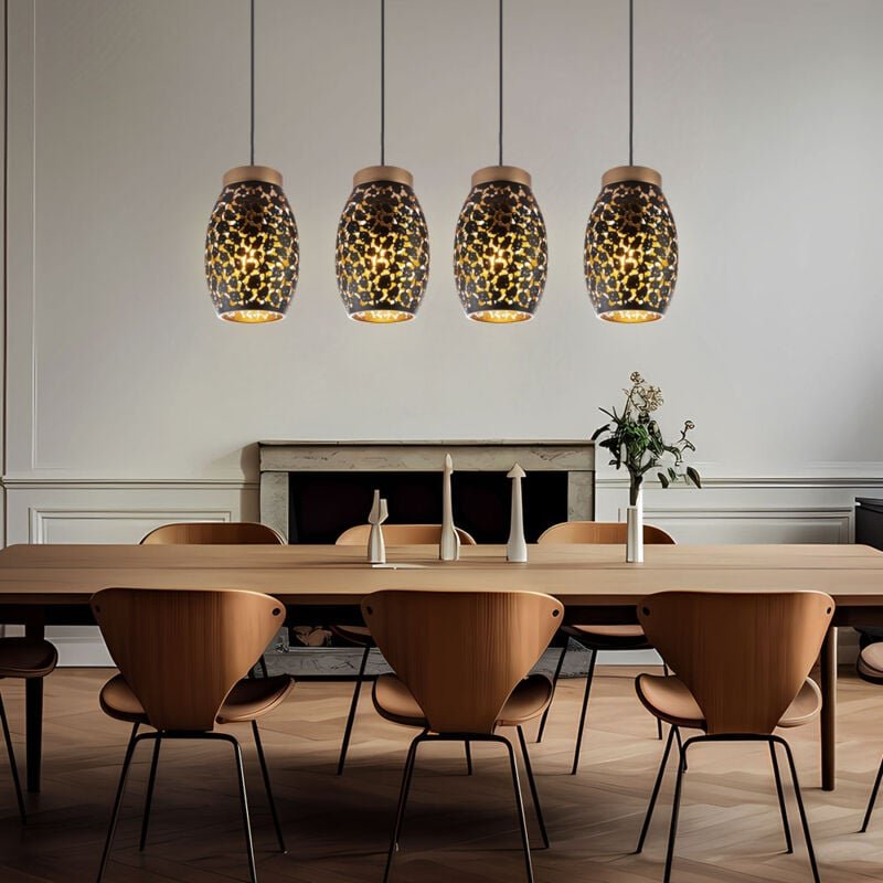 Pendelleuchte Hängelampe Esstisch 4 flammig Esszimmerlampe Hängeleuchte, orientalisch, Metall schwarz gold gemustert, 4x...