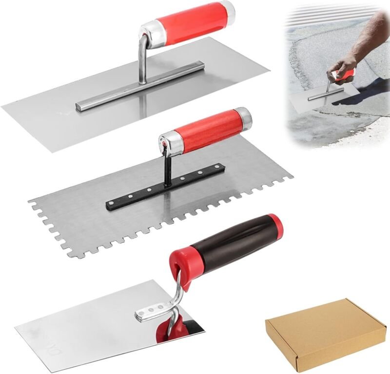 Maurerkelle aus Edelstahl – Set mit 3 Edelstahl-Glättkellen inklusive Reinigungskelle – Stuckspachtel mit Gummigriff – S...