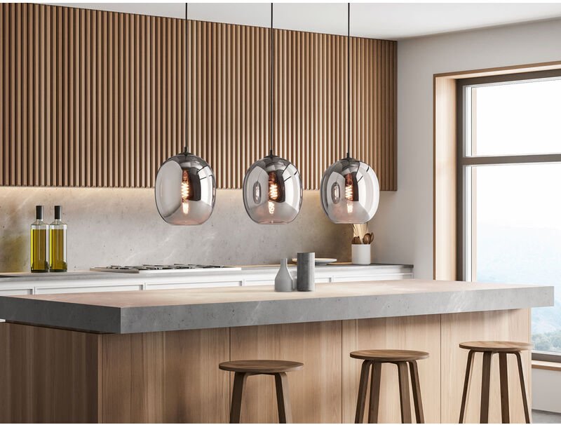 LED Pendelleuchte Industrial 3 flammig mit Rauchglas Glaskugeln - Länge 95cm