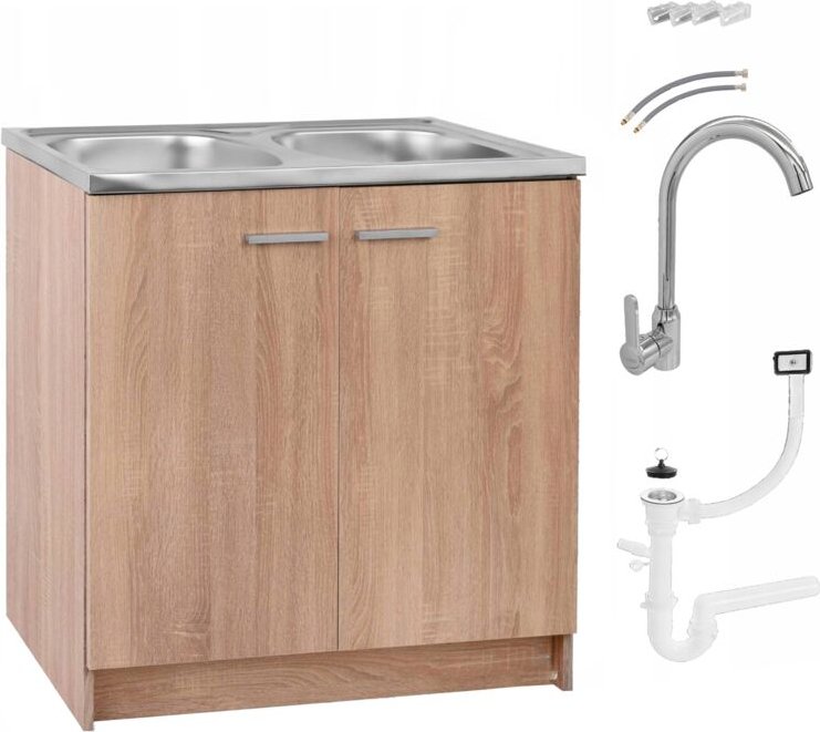 STAMAR Küchenschrank 80 cm - Eiche Sonoma - Komplettset mit Spüle und Wasserhahn - Elegantes Design