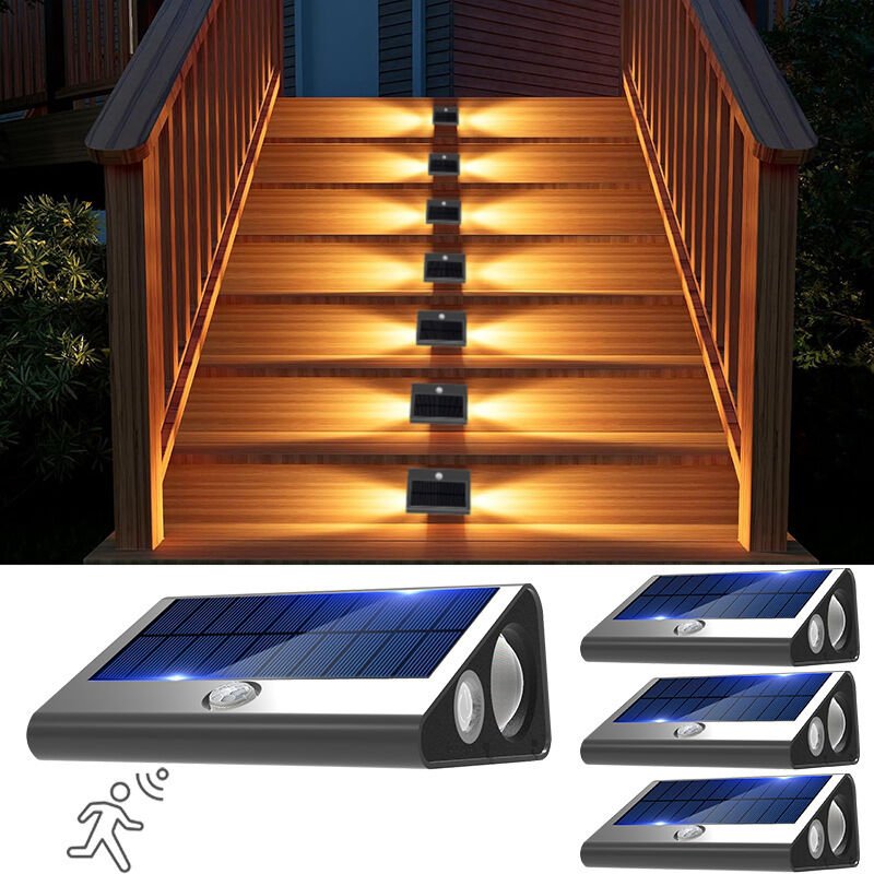 4er-Pack LED-Solar-Treppenlichter, Bewegungsmelder-Außenbeleuchtung, IP65 wasserdicht für Garten, Weg, Zaun, Hof (drei L...