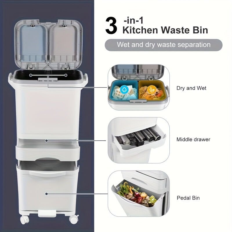 49L Küche Abfalleimer ,3 Etagen mit 2 Fächern Abfalleimer,Mülltrennsystem,Platzsparend Mülltrennbehälter Mülleimer,Beige...