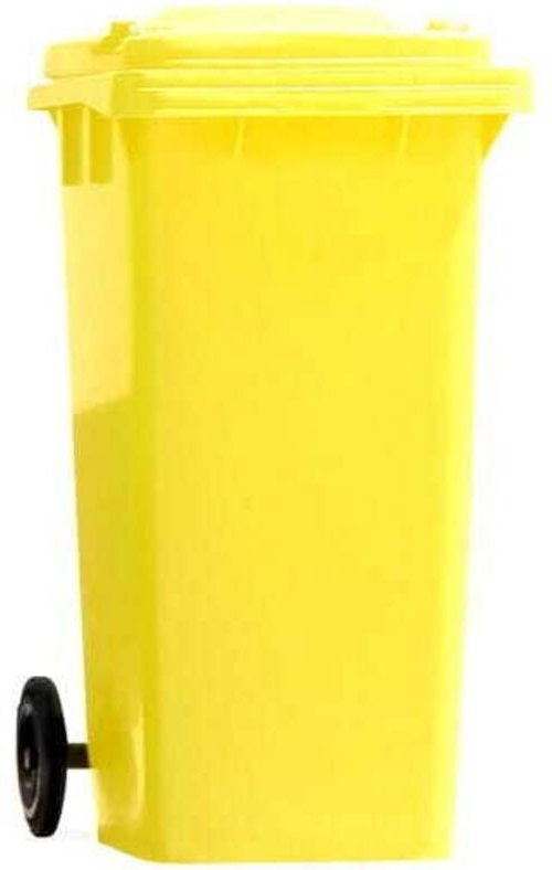 Gelber Kunststoff-Mülleimer auf Rädern 120 l